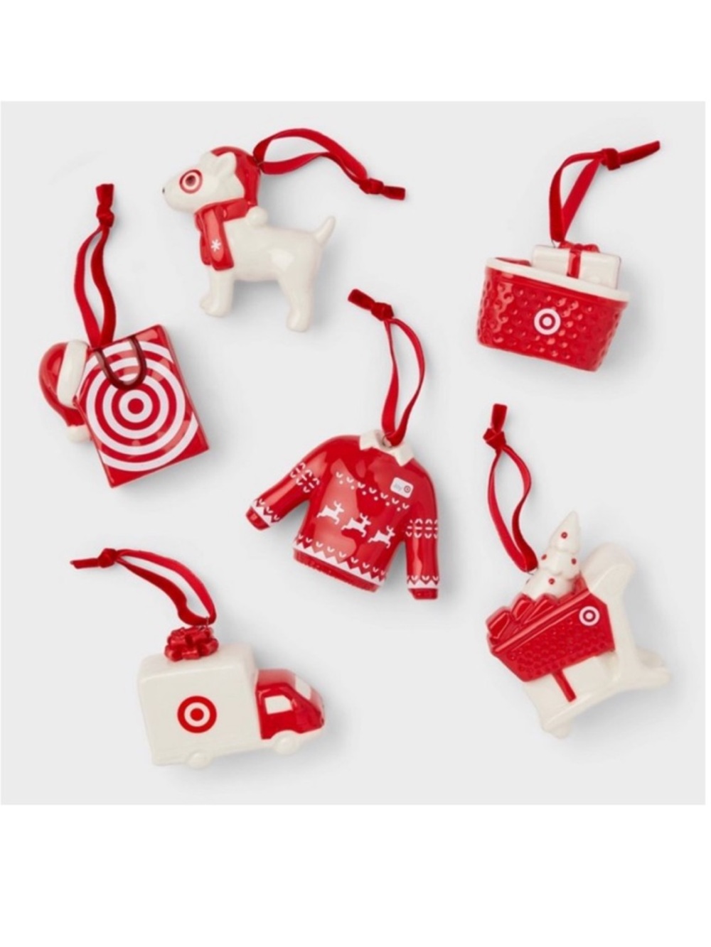 NWT 6pc Ceramic Target Christmas Tree
Ornament Set Red/White - Wondershop